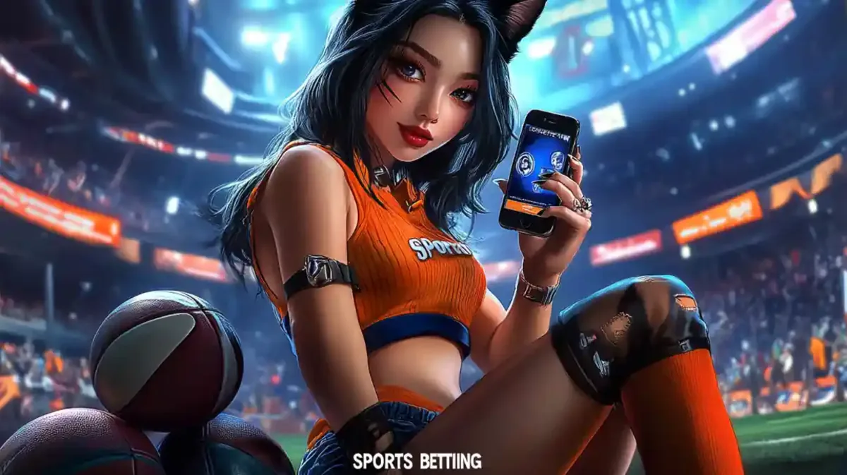 Anime girl holding a smartphone displaying a sports betting app with a basketball and stadium background highlighting mobile gambling features